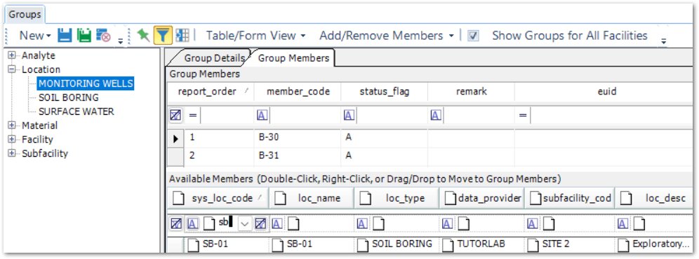 The EQuIS Professional Groups Form with a location group selected