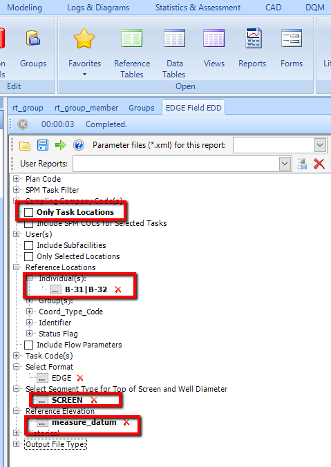 EDGE Field EDD Report Input Parameters